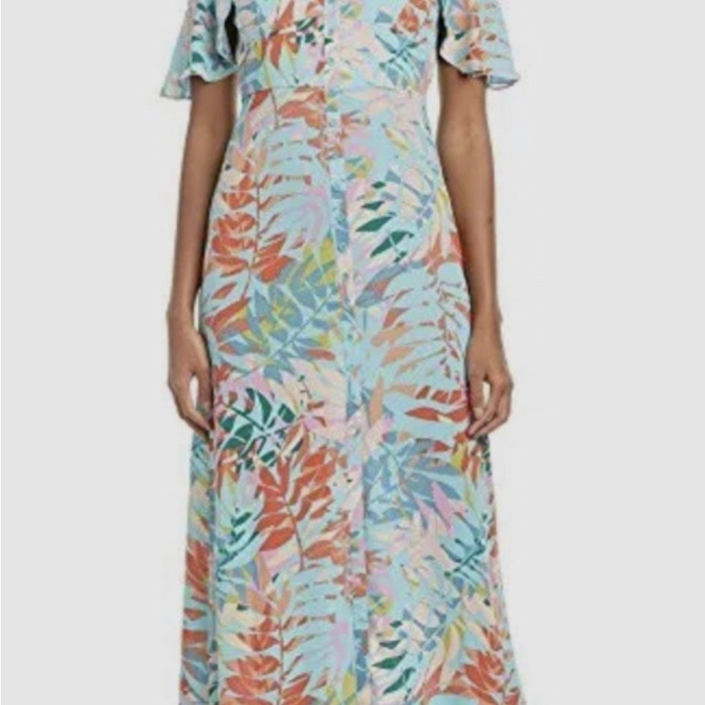BCBGMaxAzria Leaf Print Maxi Dress in Blue and Orange